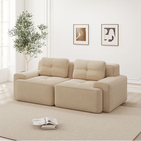 Canapé modular de pana beige con asiento profundo de 74 cm, diseño sin estructura rígida y sin montaje (1/5)