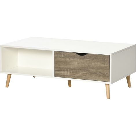 Coffee Table, Modern Tea Table with Open Storage Shelves, Two Drawers Solid Wood Legs, Coffee Tables for Living Room, Bed Room, White (1/5)
