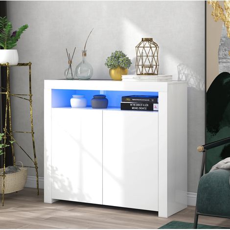 Credenza in legno bianca lucida con LED, 2 ante e vano aperto, 108 x 40 x 92 cm (1/5)