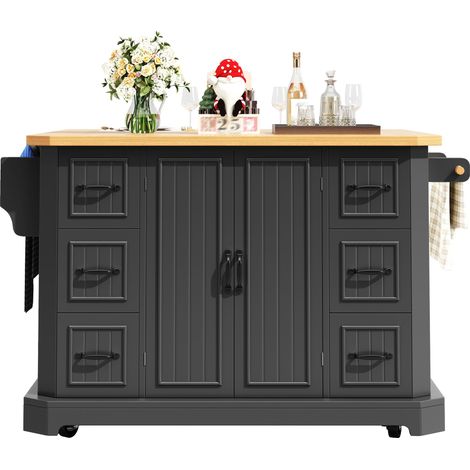 Îlot de cuisine mobile, meuble de cuisine, chariot de cuisine avec 2 portes et 6 tiroirs, à roulettes, (120x45(75)x91 cm), blanc/noir