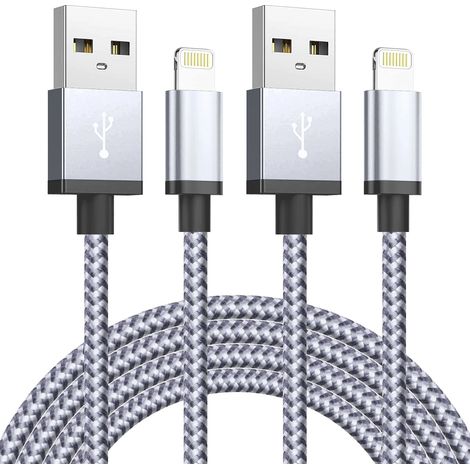 Paquete de 2 cables USB de carga rápida extra largos, compatibles con iPhone 14, 8, 7 Plus, 13, 12, 11 Pro Max, XS y XR. Cables de datos USB de 3 A, cable trenzado, paquete de 2. (1/5)