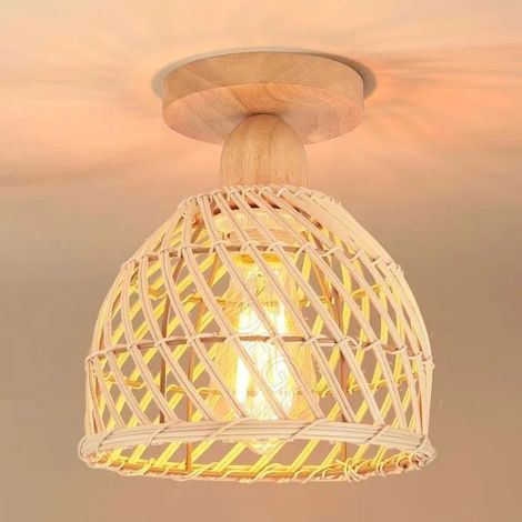 Rétro Plafonnier en Bois et Bambou Lustre Industriel E27 Luminaire Abat-Jour Design Spirale Cage Vintage pour Chambre Salon (1/5)