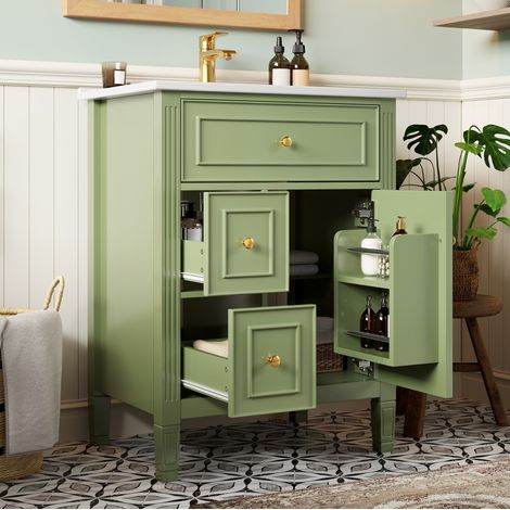 Mobile bagno con lavabo 61 cm, MDF e ceramica, verde lucido DESVIAE