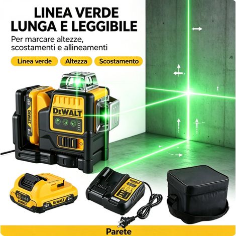 DEWALT DW089LG Livella Laser Autolivellante IP65 Verde 3x360 Kit Completo Batteria 12V e Caricabatterie