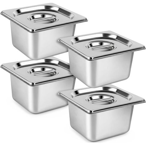 Lot de 4 bols à paner GN 1/6-17,6 x 16,2 x 10 cm - Pour côtelettes - En acier inoxydable avec couvercle - Pour escalopes, viande, poisson - Forme rectangulaire (1/5)