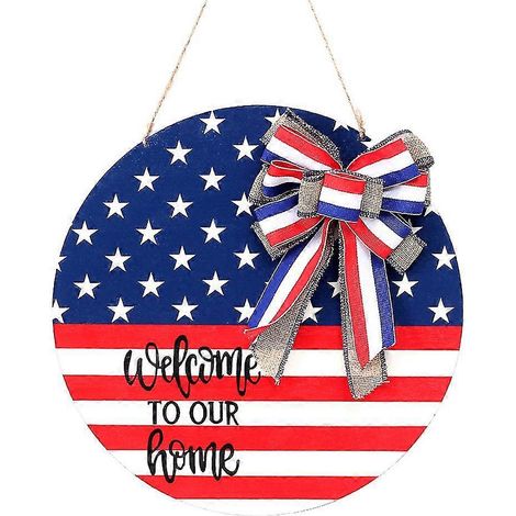 Panneau de bienvenue pour le 4 juillet, décorations de la fête de l'Indépendance, plaque de porte ronde en bois, drapeau américain patriotique pour porte d'entrée, porche, mur, fenêtre. (1/5)