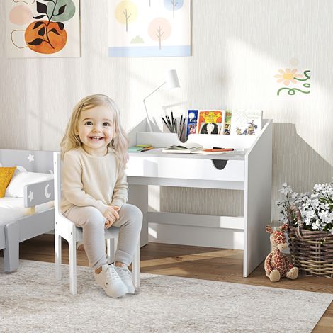 Ensemble table et chaise pour enfants de 3 à 6 ans avec rangement et tiroir coulissant. Bois gris. (1/5)