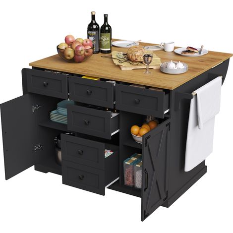 CHICFURN Isla de cocina plegable 147x44x93 cm de MDF y metal negro con gran almacenaje (1/5)