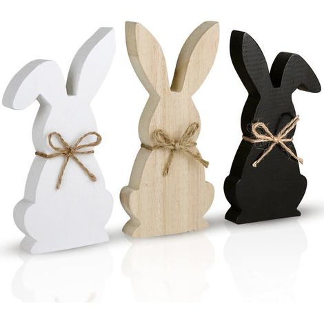 BelleRise - Décoration de Pâques pour la maison, ensemble de 3 lapins de Pâques, noir, blanc et couleur bois naturel. (1/5)
