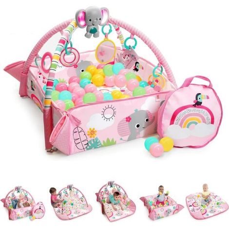 Bright Starts Palestrina 5-in-1 Rainbow Tropics, Evolutiva, Formato Maxi, Giocattoli Staccabili, Cuscino Ergonomico, Stimola lo Sviluppo della Motricita', Rosa, Grigio, 40 Palline con Borsa (1/5)