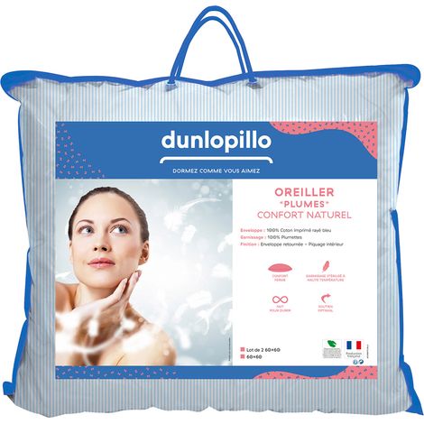 Lot de 2 oreillers fermes 60x60 – Garnissage 100% plumettes – Enveloppe 100% coton rayé bleu – Soutien optimal pour sommeil sur le dos – Dunlopillo