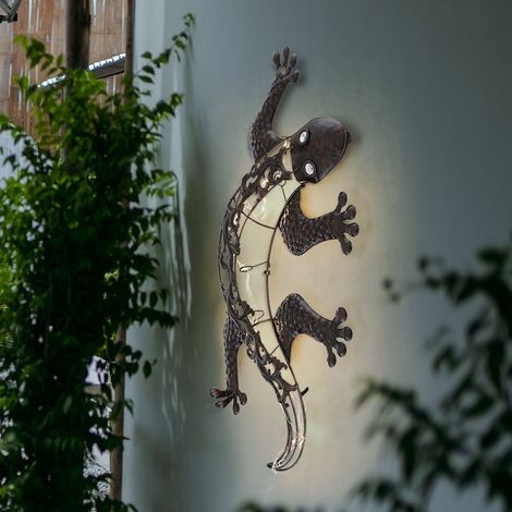 Solar Wandlampen für Außen Tier Gartenfigur Gecko Solarleuchte Figur für die Wandmontage, Metall bronzefarben, je 1x LED, BxH 50x25 cm