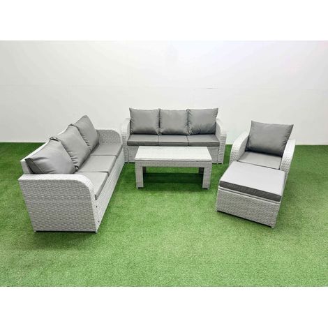 Fimous 8 Seater Poly Rattan Outdoor Garden Furniture Oblong Coffee Table Sofa Set Patio 3 Seater Sofa Reclining Chair 3 Seater Sofa Big Footstool Light Grey (1/4)