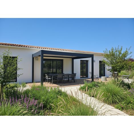 Pergola bioclimatique aluminium XL 5x3m, MOTORISEE avec éclairage LED intégré -autoportante coloris Noir Sable (RAL2100) - Qualité PRO - TOP Finition -