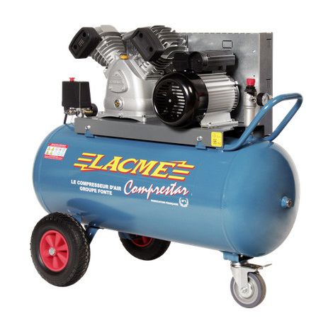 Lacme – Compresseur à courroie 4CV monophasé 20m³/h – Cuve 100L – Débit 14,1m³/h – Pression 11 bar – Moteur 3kW – Niveau sonore 96 dB(A)