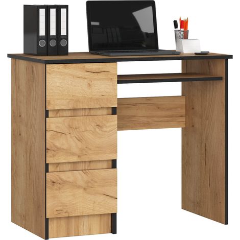 Akord – Bureau enfant 90 cm – Panneau stratifié – 3 tiroirs – Étagère coulissante – Dimensions 90x50x77 cm – Chêne Craft