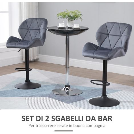 Lot de 2 tabourets de bar pivotants, assise en velours gris, hauteur réglable de 93 à 114,5 cm, dossier et repose-pieds intégrés, piètement métal, dimensions 51,5x57,5 cm. (1/5)