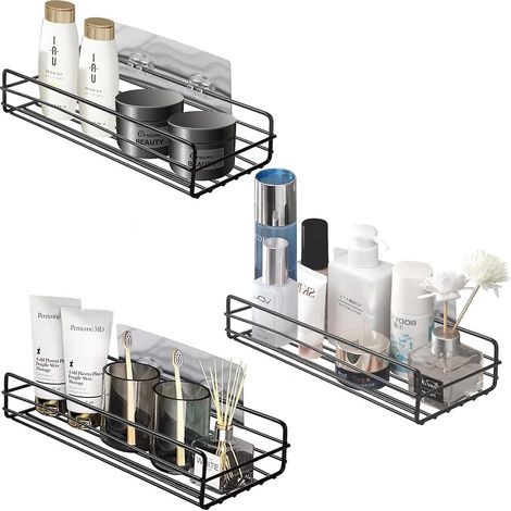 Juego de 3 estantes de almacenamiento para ducha (negro), estante de almacenamiento sin perforaciones, cesta de almacenamiento para ducha de cocina, soporte (1/5)