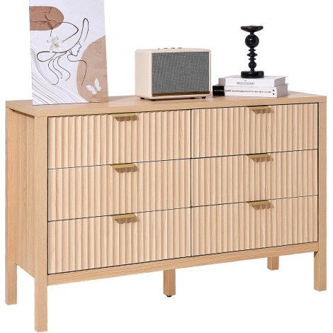 Commode à 6 tiroirs cannelés, meuble de rangement en bois avec système coulissant et anti-basculement, style minimaliste moderne, organisateur pour salon, couloir, chambre, entrée, bois clair (1/3)