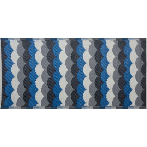 Alfombra de exterior azul de material sintético 90 x 180 cm patrón geométrico minimalista Bellary