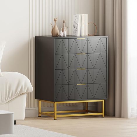 Commode Haute 4 Tiroirs avec Pieds Métalliques, Meuble de Rangement Étroit Moderne, Noir (1/5)