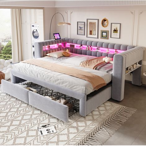 Sofá cama 90x190 cm de terciopelo gris claro con almacenaje FLORAGRACE (1/5)