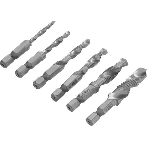 Jeu de 6 tarauds combinés à queue hexagonale, tarauds à goujures hélicoïdales, outil de taraudage en acier rapide, argent (1/5)