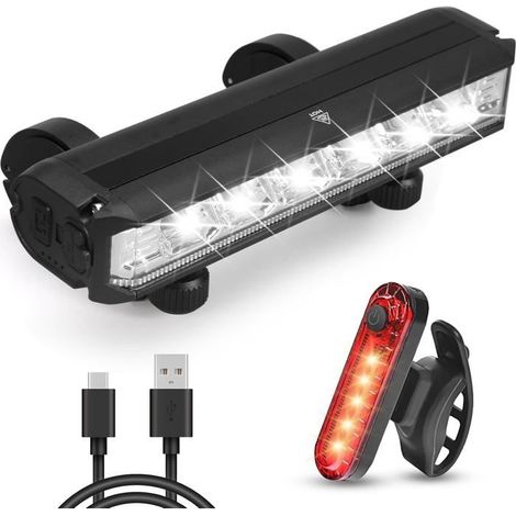 Éclairage vélo LED 1800 lumens - Lampe vélo rechargeable USB - Éclairage vélo avec batterie externe - Éclairage avant VTT et vélo