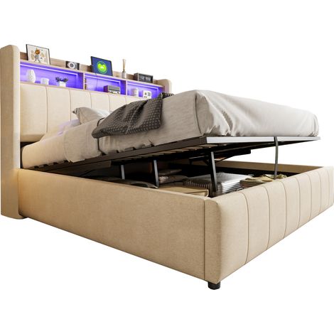 Lit Coffre Double en Tissu avec LED Réglable, USB, Type-C et Étagères, 160 x 200 cm, sans Matelas, Beige (1/5)