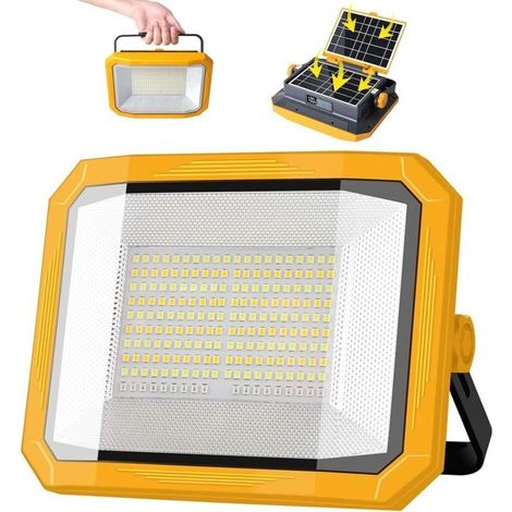 Projecteur LED Rechargeable 100W, Projecteur LED Chantier Portable 12000LM Super Lumineux avec 2 Panneau Solaire, 4 Modes d'éclairage pour Site de Construction, Camping, Atelier