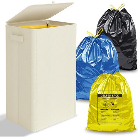 Poubelle jaune 100 l, avec couvercle, support de sac poubelle pour sacs jaunes, design à fermeture éclair pour un retrait facile, récipient pour cuisine et maison [sans sacs poubelles] (1/5)