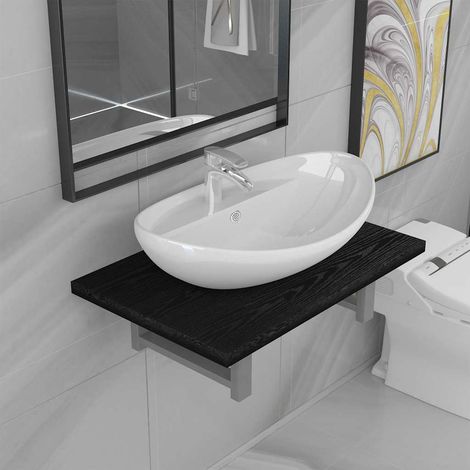 Ensemble meuble de salle de bain avec lavabo ovale, étagère murale noire et céramique blanche - PANGIVO (1/5)