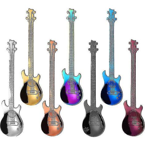 Set mit 7 bunten Edelstahllöffeln in Gitarrenform, kleine Haushaltslöffel, Dessertlöffel, Eiscremelöffel, Joghurtlöffel, Teelöffel