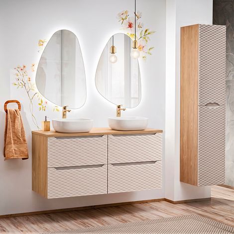 Doppelwaschtisch und Hängesäule 120cm Elora mit 4 Schubladen, Beige und Holzoptik (1/5)