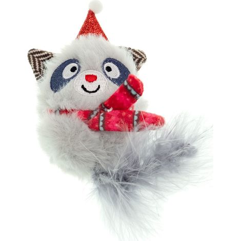 Gioco per gatti natalizio peluche procione con piuma 20 cm