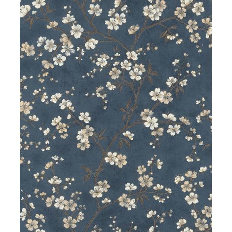 Papier peint intissé bleu avec petites fleurs de cerisier en blanc et beige, 10,05 m x 0,53 m (L x l) (1/5)