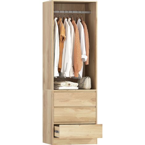 Armoire penderie en bois teck, 60x48.5x185 cm, avec barre de suspension, étagère ouverte et 3 tiroirs