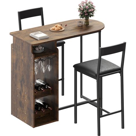 Set Table de Bar et Chaises pour 2 personnes, Table à Manger, Rangement à Vin et Porte-Verres, Assises Velours Gain de Place, Gris