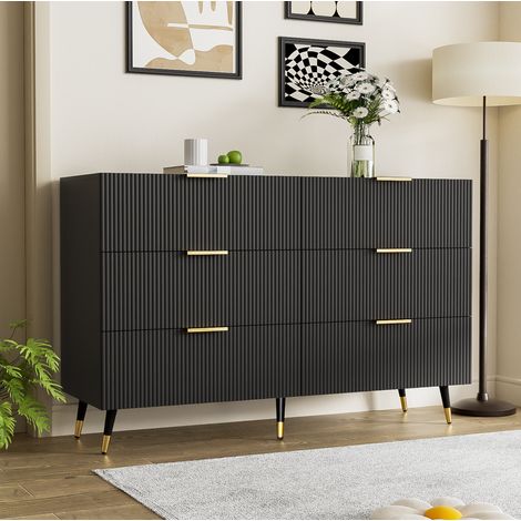 Aparador 120 x 40 x 77 cm con 6 cajones, negro y dorado HAVRYA (1/5)