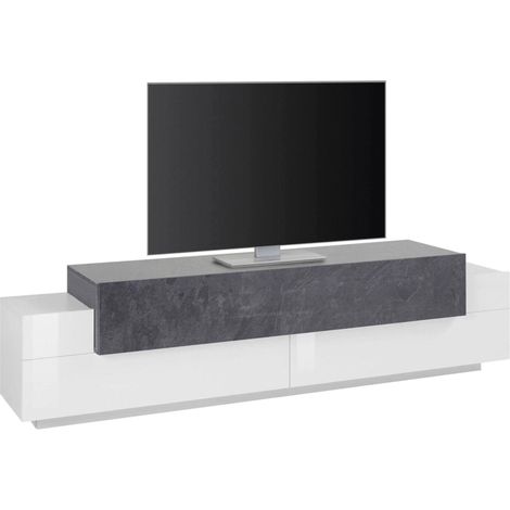 Dmora Wohnzimmer-TV-Ständer, Made in Italy, TV-Ständer mit 3 Türen und Regalen, cm 200x45h52, Farbe Weiß glänzend und Aschgrau