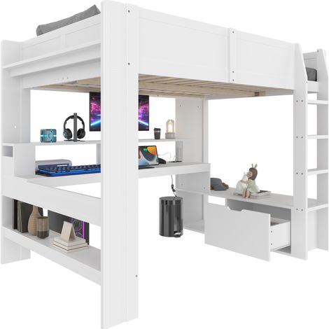 Letto a soppalco 140x200 cm con scrivania, cassetto, mensole e luci LED a 16 colori, struttura in pino e MDF, senza materasso, bianco CHICFURN (1/5)