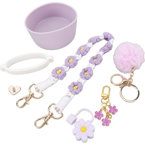 Ensemble d'accessoires pour tasse, ensemble de décoration, embout de paille, porte-clés fleur, pendentif boule en peluche pour bouteille d'eau violet (1/5)
