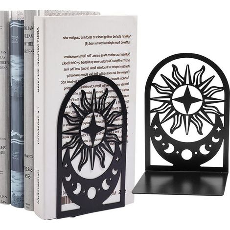 Fermalibri in metallo, supporti per libri, porta libri per decorazione ufficio, scuole, CD, librerie, scaffali, 1 paio (Sole nero) (1/5)