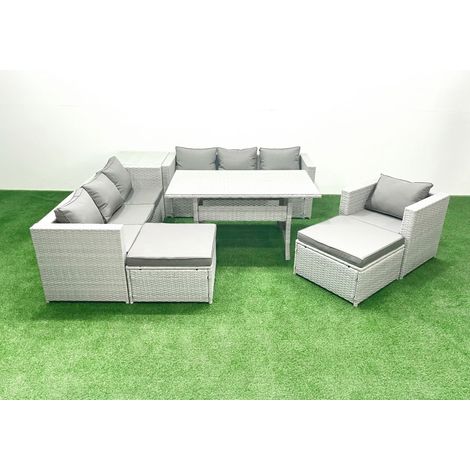 Fimous 8 Stücke Rattan Garten Sofa Set mit Kissen Terrassen Gartenmöbel Sets mit Sessel Esstisch Beistelltisch 2 Großer Hockern (1/5)