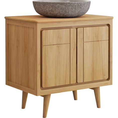 Mobile bagno con piedi in teak e lavabo da appoggio in pietra grigio 80 cm - BINTUNI