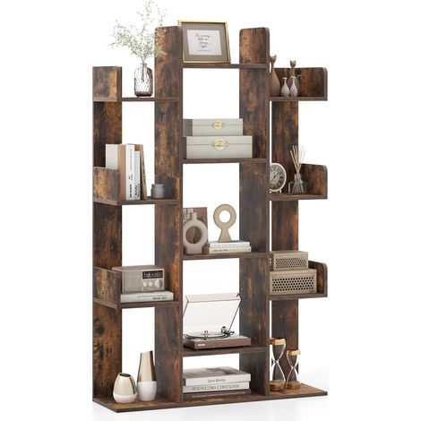 COSTWAY Bibliothèque Arbre, 13 Étagères Ouvertes, Meuble de Rangement pour Livres, Etagère Décorative Autoportante, pour Salon, Bureau, Marron Rustique (1/5)