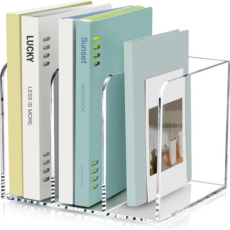 Organizador de escritorio acrílico con 3 compartimentos verticales, apto para documentos A4, revistas, CD o libros. (1/5)
