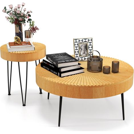2PCS Round Nesting Tables Boho Farmhouse Accent Coffee Tables w/Adjustable Foot (1/5)