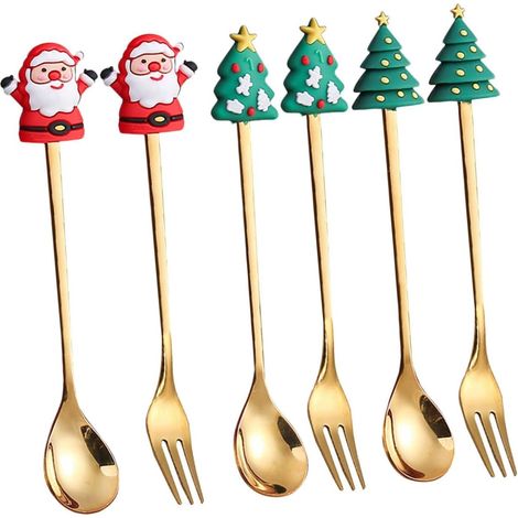 Lot 6 sets couverts Noël inox titane : cuillères dessert, fourchettes salade, cuillères sel, service fête/thé