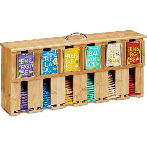 Relaxdays Teebeutelspender, 6 Fächer, Teebeutel Aufbewahrung, Bambus, Teebox, HxBxT: 22 x 46,5 x 10,5 cm, natur/silber